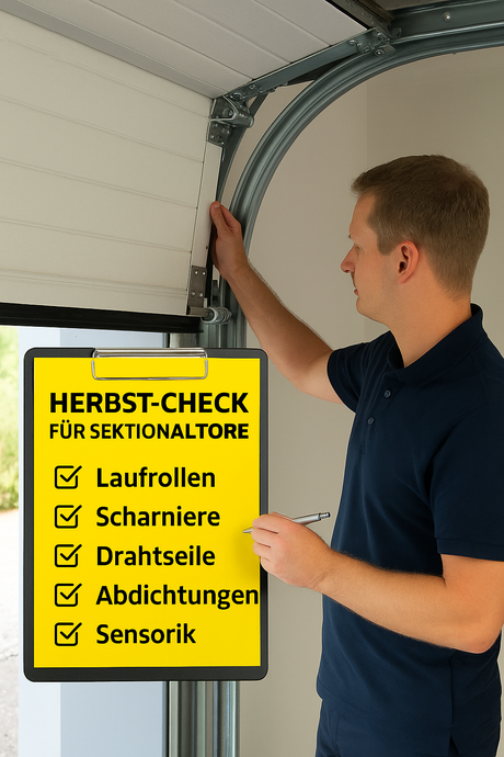 Tormeister 24 Techniker führt Herbst-Check an Sektionaltor durch