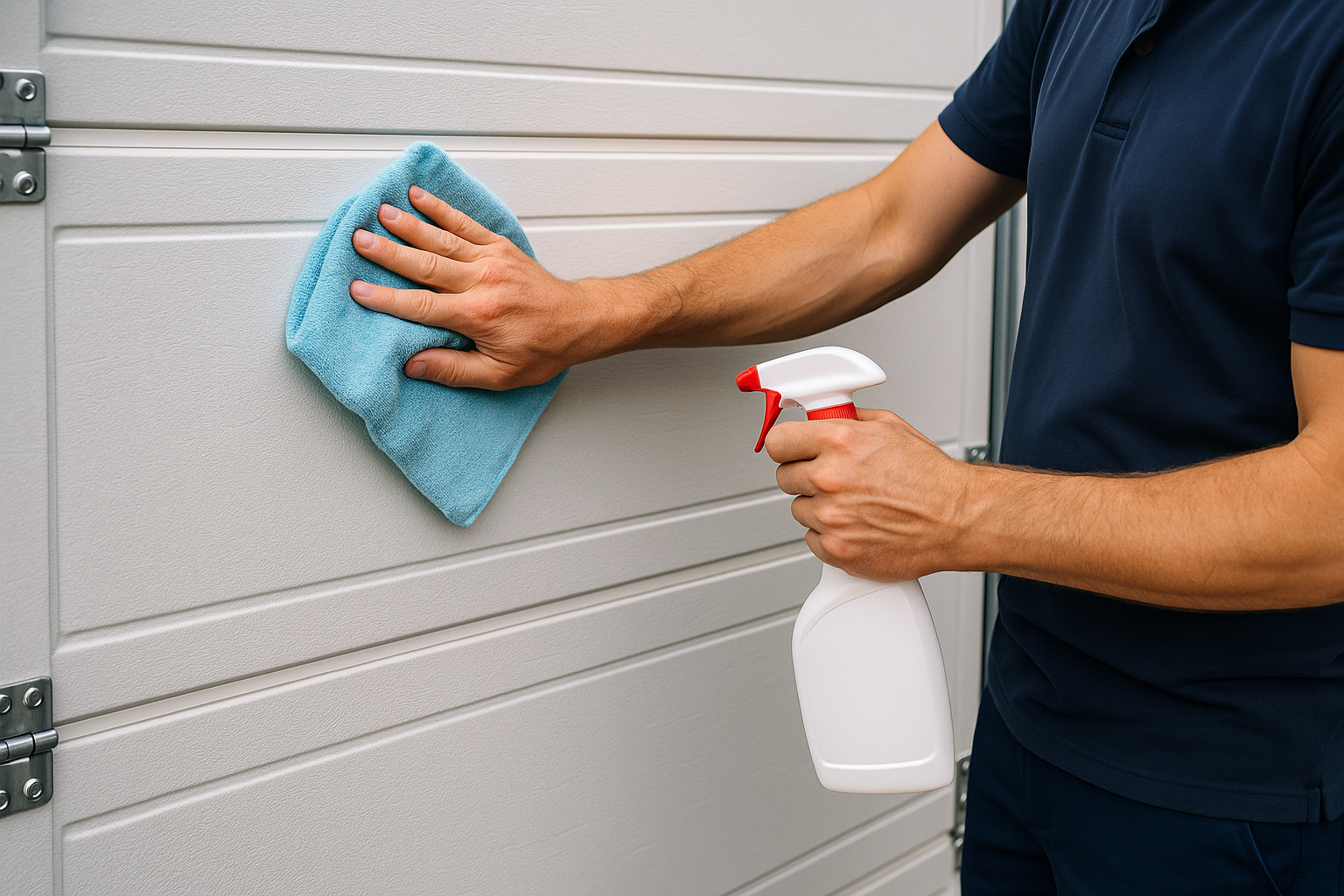 Fachmann reinigt die Oberfläche eines weißen Sektionaltors mit einem weichen Schwamm