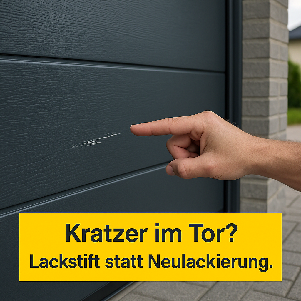 Hand hält Lackstift an einem verkratzten Garagentor in Nahaufnahme