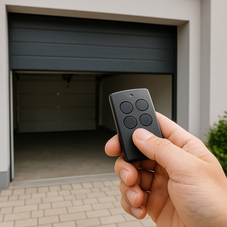 Person hält neuen Handsender vor geöffnetes Garagentor