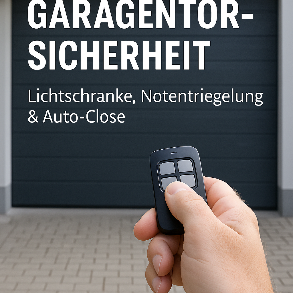 Hand reinigt die Linse einer Garagentor‑Lichtschranke mit Mikrofasertuch