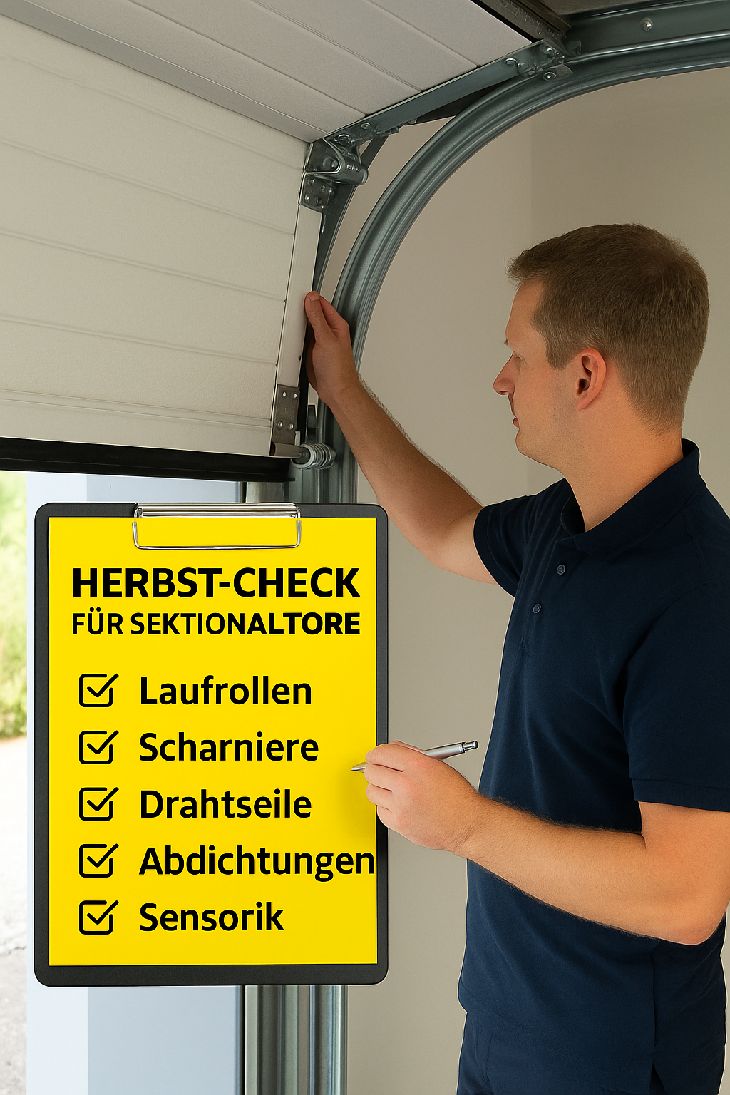 Tormeister 24 Techniker führt Herbst-Check an Sektionaltor durch