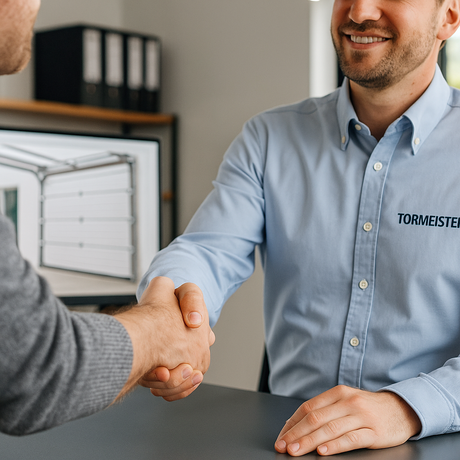 Handschlag zwischen Kunde und Fachberater von Tormeister24 im Büro