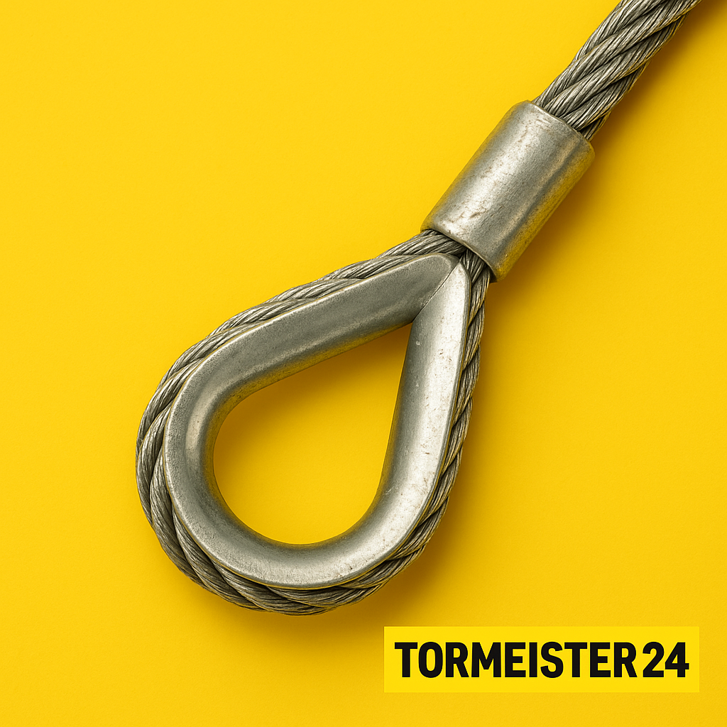 Nahaufnahme eines verzinkten Drahtseils mit Öse Tormeister 24