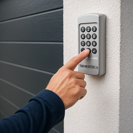 Familie nutzt Garagentor mit Funk-Codetaster-Eingabe