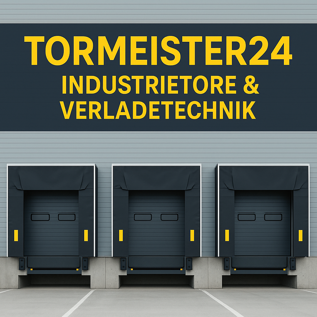 Logistikhalle mit mehreren Industrietoren und Verladebrücken in Reihe bei Tageslicht