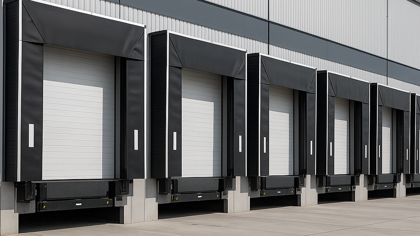 Verladetechnik in Logistikhalle mit mehreren Industrietoren und Rampen