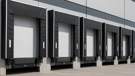 Verladetechnik in Logistikhalle mit mehreren Industrietoren und Rampen