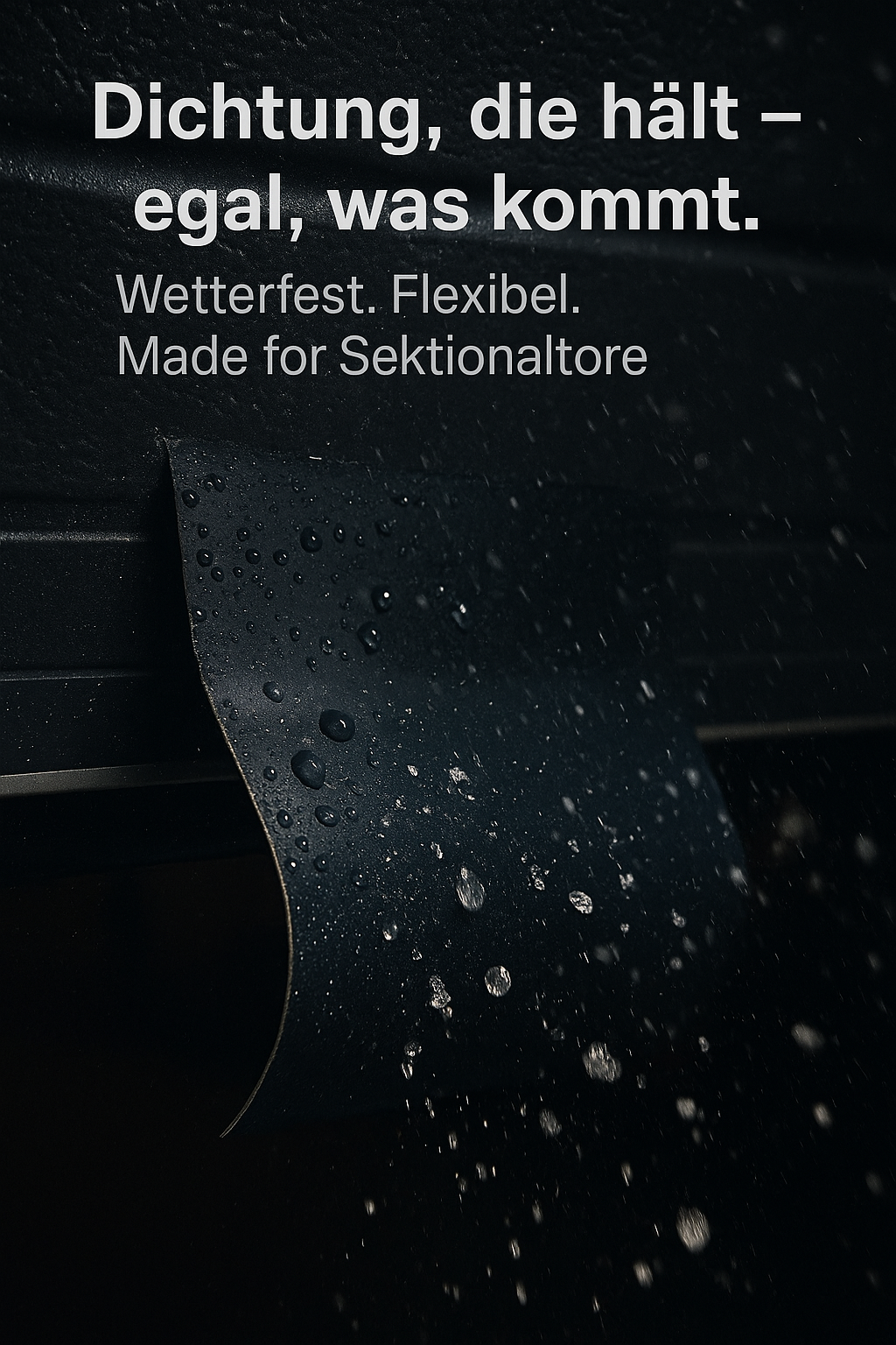 Hochwertige Garagentor-Spaltabdichtung anthrazit mit Wassertropfen – wetterfest, langlebig, energieeffizient.